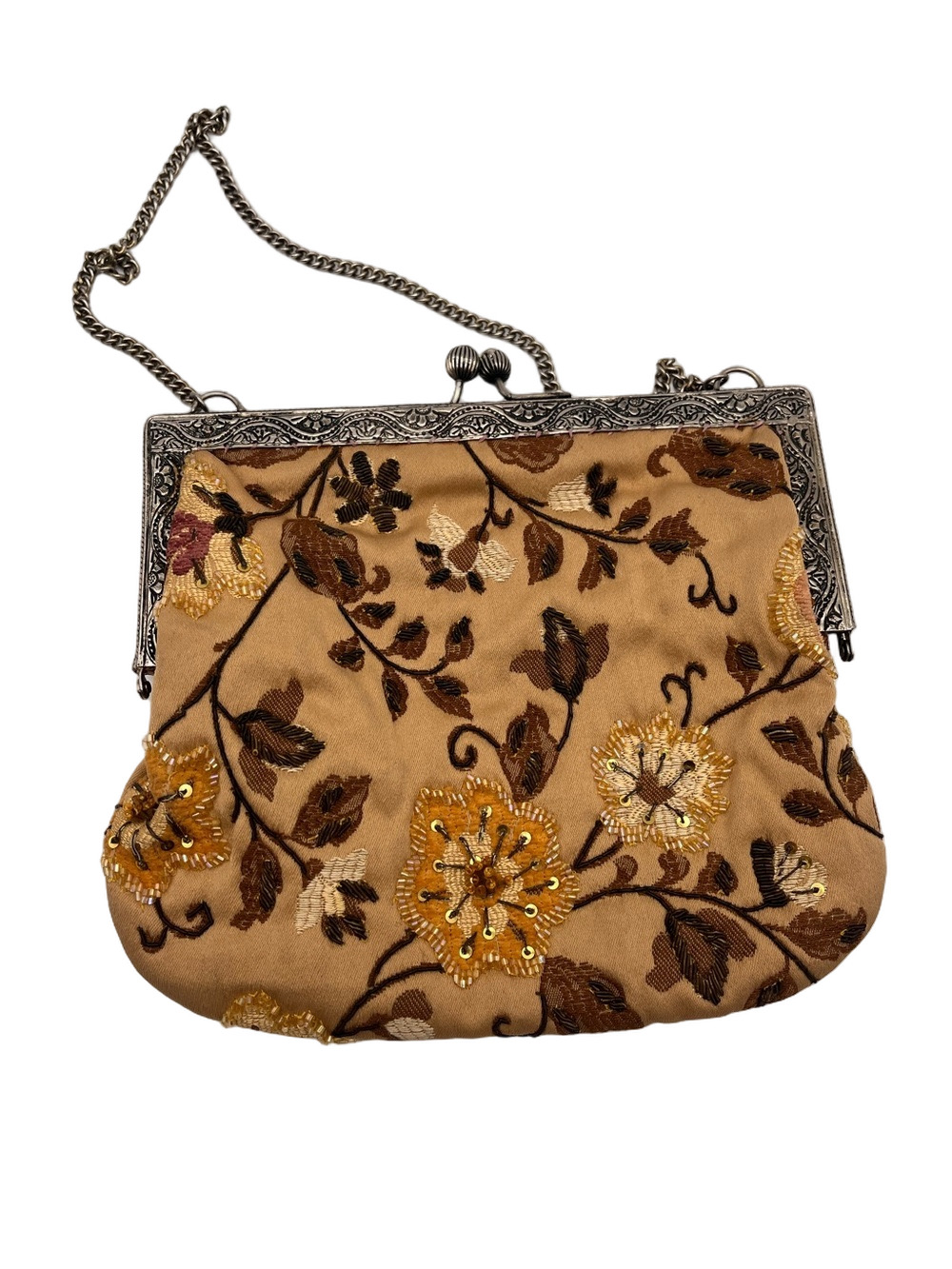 Christina Gold Beige Embroidered Floral Embellished Beads Kisslock Bag Purse